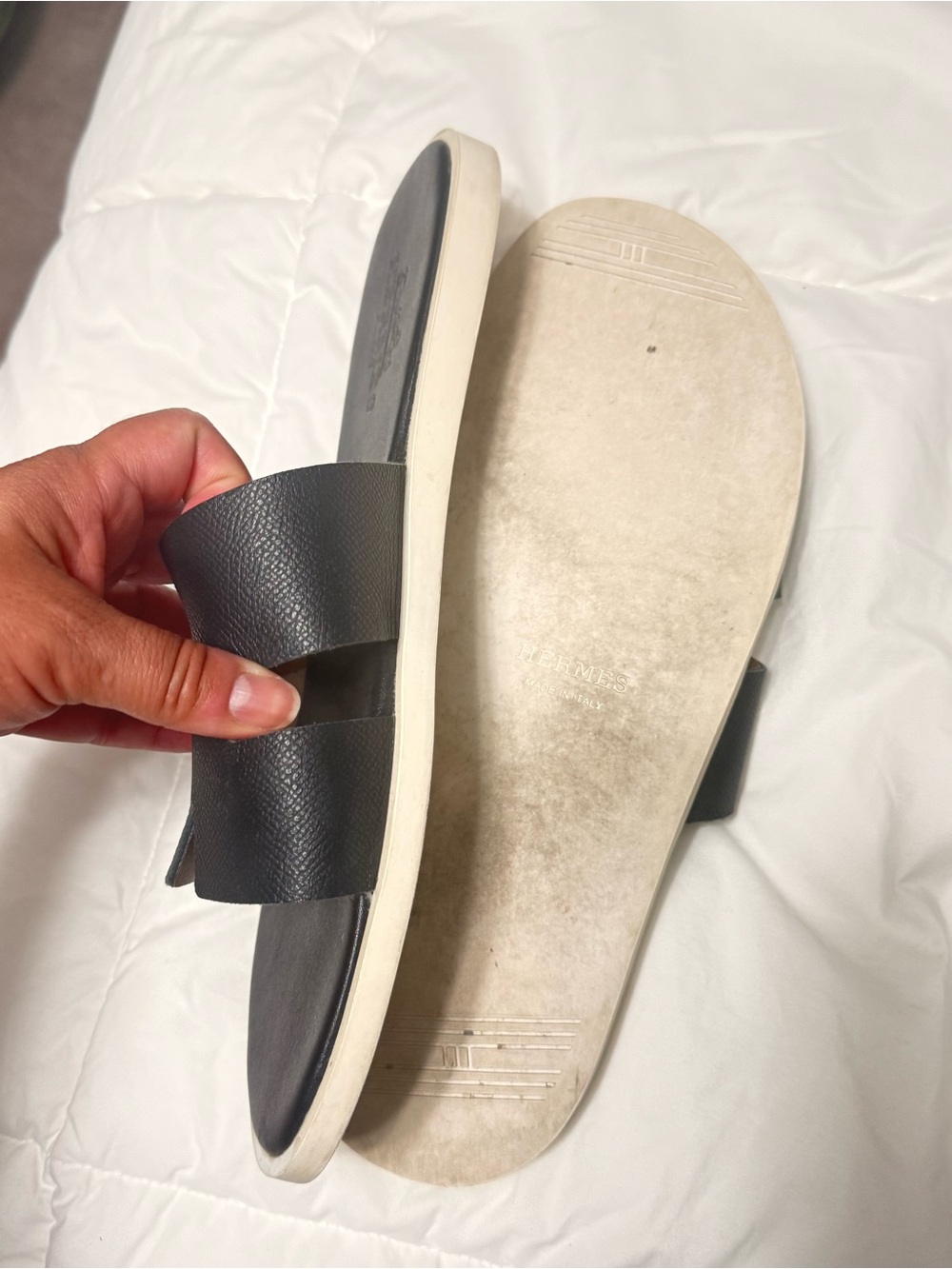 Hermes Men's Dark Gray Double-Band Slide Sandals with White Sole